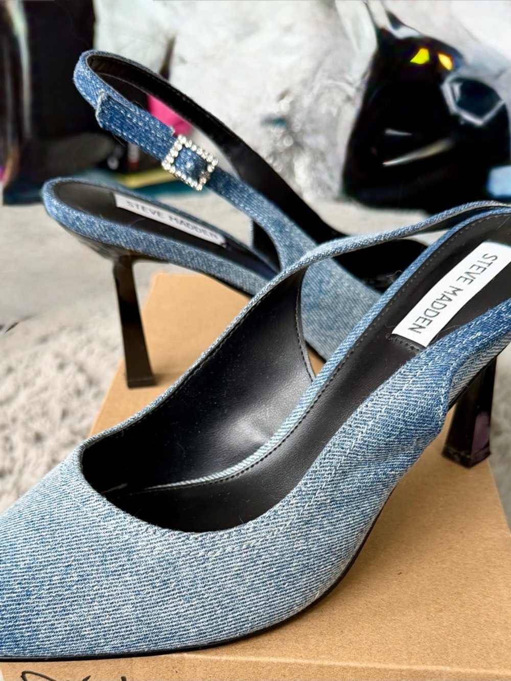 Steve Madden Skylaa Denim Slingback Pumps Rhinestone Buckle 9.5